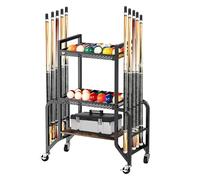 Soporte para taco de billar de 3 pisos para 10 bastones, soporte para taco de billar con 4 ruedas para facilitar el movimiento, 2 de ellos con frenos, soporte de equipo de billar, para salas de billar
