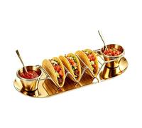 Soporte para tacos con taza de salsa de 3 ranuras de acero inoxidable apto | Soporte de concha de taco para cocina, fiesta, cena, restaurante, bufé, barbacoa, picnic, camping, festival