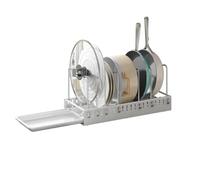 Soporte para tapa de olla, cajón extensible, organizador para tapas y sartenes, soporte de tapa de metal, organizador con 6 separadores, soporte para platos y sartenes para cajón, color blanco