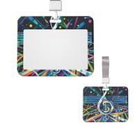 Soporte para tarjetas de identificación, de plástico, protector vertical, carrete de insignia con temática de música abstracta, soporte para tarjetas de identificación con cordón, etiquetas de nombre
