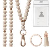 Soporte para tarjetas de identificación y cordón de cuentas de madera para mujer, correa para el cuello con clip de metal, llavero