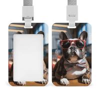 Soporte para tarjetas de sol con diseño de bulldog francés, funda de plástico impermeable a la moda, bonito cordón duradero para etiqueta de nombre, cordones verticales para tarjetas de identificación
