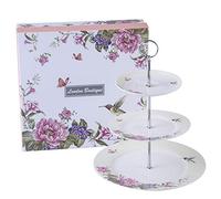 Soporte para tartas de 2 pisos con pájaros rosas y mariposas de porcelana en caja de regalo (pájaros rosa mariposa)., beige, 22x26
