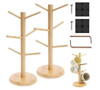 Soporte para Tazas de Madera, 2 Piezas Madera Soporte Tazas Vertical, 35 cm Soportes de Taza de Cocina Mesa, Soportes Tazas Cafe con 6 Ganchos y Base Reforzada, para Oficina, Cafetería(Color Madera)