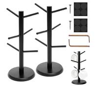 Soporte para Tazas de Madera, 2 Piezas Soportes para Pretzels de Madera, 35 cm Altura Soporte para Colgar Tazas de Cafe, Soportes Taza Cafe con 6 Ganchos y Base Reforzada, para Hogar Cocina(Negro)