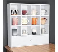 Soporte para tazas de madera maciza con cajón, organizador de 12 compartimentos para oficina en casa, cocina o encimera de bar, solución de almacenamiento elegante