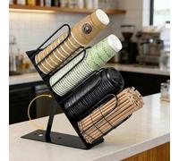 Soporte para tazas y tapas, 4 compartimentos, dispensador de tazas desechable ajustable con pajita, organizador de almacenamiento de vasos para sala de descanso, encimera, estación de café, bar