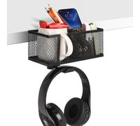 Soporte para teléfono con abrazadera NoDrill para ahorrar espacio con gancho para auriculares y colgador de bolsa para mesas, estaciones de trabajo, escritorios, soporte antiderrames para bebidas para
