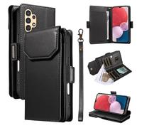 Soporte para teléfono con funda plegable For Samsung Galaxy A13 5G 4G Wallet Case with Card Holder For Women and Men, Fashion PU Leather Cover Side Buckle Hand Strap Wallet Phone Case(Svart)