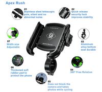 Soporte para Teléfono de Motocicleta Apex Rush 1S con Bloqueo Rápido, Base de Aluminio para Manillar, Soporte Móvil para Bicicleta, Scooter, ATV M8SP Anti-Theft Clip