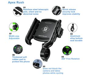 Soporte para Teléfono de Motocicleta Apex Rush 1S con Bloqueo Rápido, Base de Aluminio para Manillar, Soporte Móvil para Bicicleta, Scooter, ATV M8SP Anti-Theft Clip
