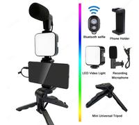 Soporte para teléfono, iluminación fotográfica, kit de vídeo para smartphone, micrófono, trípode LED para selfies, mango de grabación, soporte