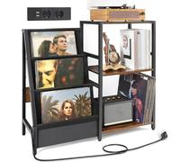 Soporte para Tocadiscos con Toma de Corriente, Mesa Auxiliar Soporte Vinilos con Almacenamiento de Vinilos de 3 niveles Soporte Tocadiscos de Vinilo Hasta 200 álbumes, Soporte de Récord de Vinilo