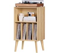 Soporte para tocadiscos, soporte para tocadiscos, puede acomodar hasta 160 álbumes, soporte de almacenamiento de vinilo Mid-Century con patas de madera, estante para tocadiscos, mesa auxiliar natural