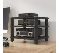 Soporte para TV con soporte Hi-Fi, soporte multifuncional para impresora, base amortiguadora, bordes redondeados, soporte para audio y video, tablero de madera y estructura de acero, estante para di