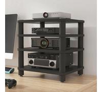 Soporte para TV con soporte Hi-Fi, soporte multifuncional para impresora, base amortiguadora, bordes redondeados, soporte para audio y video, tablero de madera y estructura de acero, estante para di