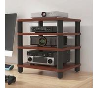 Soporte para TV con soporte Hi-Fi, soporte multifuncional para impresora, base amortiguadora, bordes redondeados, soporte para audio y video, tablero de madera y estructura de acero, estante para di