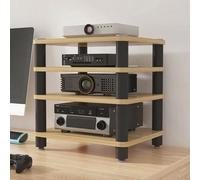 Soporte para TV con soporte Hi-Fi, soporte multifuncional para impresora, base amortiguadora, bordes redondeados, soporte para audio y video, tablero de madera y estructura de acero, estante para di