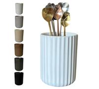 Soporte para utensilios de bar de café de gres, cuchara de té y café y agitador, soporte para palo, pajita, cuchara, taza, tarro pequeño para utensilios de cocina, rayas verticales estriadas (blanco)
