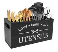 Soporte para utensilios de cocina de 30 x 15 x 11,5 cm, 4 compartimentos, 3 separadores extraíbles, ultra resistente, duradero, soporte para utensilios de cocina de madera con estante de drenaje,