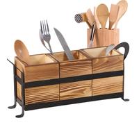 Soporte Para Utensilios De Madera - Con Asa Caddy Para Cubiertos Estilo Vintage De 3 Compartimentos - Almacenamiento De Utensilios Para Gabinete De Cocina Para Fiestas | Para Restaurante