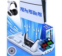 Soporte PS5 Pro/Slim/PS5 y estación de refrigeración con controlador estación de carga para consola digital Playsation de 5 discos, accesorios PS5 con ventilador de refrigeración de 3 niveles, 13