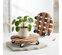 Soporte redondo resistente para plantas con bandeja rodante, organizador móvil de madera para jardines interiores y exteriores, base resistente para macetas con ruedas para un fácil movimiento