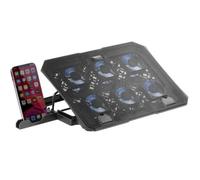 Mars Gaming MNBC23, Base Refrigeradora y Stand 16”, 6 x Ventiladores Controlables con LED Azul, Stand 6 Posiciones, Soporte Smartphone, 2 USB 2.0, Negro