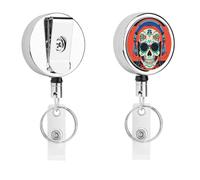 Soporte retráctil para auriculares punk rock, con diseño de calavera, cable de 24.4 pulgadas y clip de cocodrilo giratorio de 360°, acero inoxidable, resistente, soporte para etiquetas de
