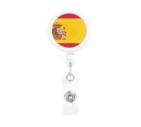 Soporte retráctil para insignias con impresión de bandera española. Con clip y llavero. La longitud máxima retráctil es de aproximadamente 55 cm, con una abrazadera giratoria de 360°.