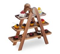 Relaxdays Soporte Tartas Plegable 3 Pisos, Platos Cupcakes Madera Acacia, Bandeja Rústica Galletas, 38x41x15 cm, Marrón