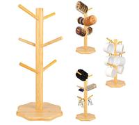 Soporte Tazas, Soporte para Tazas de Cafe con 6 Ganchos, Organizador Tazas de Madera con Base Engrosada, Portavasos de Café, Soporte para Colgar Tazas para Cocina, Restaurante, Bar (Color Madera)