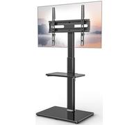 Soporte universal para TV de suelo con soporte giratorio de 70 grados, altura ajustable en 9 niveles y diseño que ahorra espacio para la mayoría de televisores LCD, LED OLED de 27 a 65 pulgadas, un