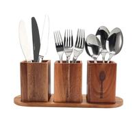 Soporte Utensilios Cocina de Madera, 3 Compartimentos Bote Utensilios Cocina con Orificios de Drenaje Bote para Utensilios de Cocina para Tenedores, Cucharas y Cuchillos (Marrón)