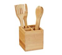 Relaxdays Soporte utensilios de cocina cubertero 4 compartimentos bambú natural 14,5×13,5×13,5 cm
