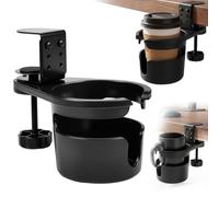 Soporte Vaso Escritorio y Portavasos 360°Abatible Portavasos con Pinza para Mesa de hasta 6,3 cm, Soporte Taza con Agujero de Drenaje, Sujeta Botella 1,5 L de ABS Antideslizante para Gaming y Oficina