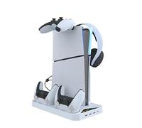 Soporte vertical consola digital óptica para PS5 Slim, estación de refrigeración con estación de carga de doble controlador Base de soporte de refrigeración con gancho para colgar auriculares
