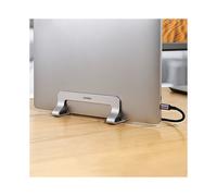 Soporte vertical para MacBook, portátil o tableta, aluminio plateado.