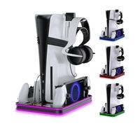 Soporte y estación de refrigeración para PS5/PS5 Slim/PS5 Pro con controlador LED RGB, accesorios de base de carga, cargador para controlador PlayStation 5 y auriculares de consola PS Portal y