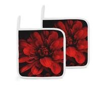 Soportes para ollas de doble capa con diseño de flores rojas en color negro, aislantes gruesos, con trabillas para colgar, agarradera de cocina resistente al calor, versátil para encimeras, ollas