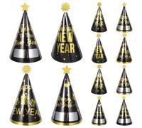 SOPOTUTU 12 Piezas Sombreros de Papel Cónicos Negros y Dorados para Fiesta de Fin de Año Gorros Desechables con Diseño Temático y Felicitaciones para Ambiente Festivo