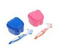 SOPOTUTU Cajas para Dentaduras Portátiles con Cepillos de Cerdas Suaves Estuches Compactos para Guardar Prótesis y Kit de Limpieza Oral Color Azul y Rosa