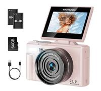 SOPPY Cámara digital 5K con transferencia WiFi, vlogging de 75 MP, zoom de 18X y pantalla abatible de 3 pulgadas, cámara de YouTube de enfoque automático, tarjeta SD de 64 GB incluida, compacta para