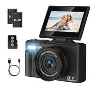 SOPPY Cámara digital 5K de 75 MP, cámara de vlogging de 3,0 pulgadas, 180 °, con tarjeta de memoria de 64 GB, zoom digital de 18X, mini cámara digital para niños, niñas principiantes, color negro