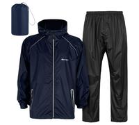 SOPPY Chubasquero impermeable con capucha, chaqueta impermeable con pantalones, conjuntos de chubasquero plegable con bolsa de transporte para pesca, senderismo, camping (azul, XL)