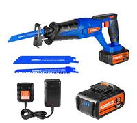 SORAKO sierra sable electrica, 18V, con batería de 4,0 Ah ，sierra recíproca de velocidad variable de 0-3000 SPM，cargador,2 cuchillas，ideal para cortar madera y metal, podar