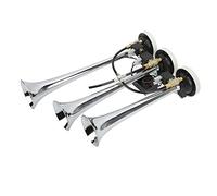 Sorandy Bocina de Aire de 3 Trompetas 6 Melodías Cromada | 305/342/385x79mm, DC12V/24V Bocina de Aire Musical para Camiones Club Cars Yates con Tablero de Control