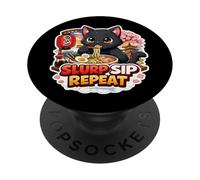 Sorbo sorbo Repetir Divertido Gato Negro Comiendo Sopa de Fideos Ramen PopSockets PopGrip Adhesivo