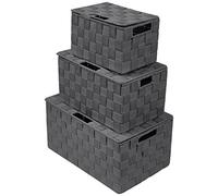 Sorbus Caja de almacenamiento, cesta tejida, contenedor, cubo, organizador, apilable, con correa tejida, organizador de estantes, asas de transporte integradas (contenedores de tapa, paquete de 3