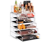 Sorbus - Juego de organizador de maquillaje acrílico, 6 cajones, compartimentos pequeños y anchos, para brochas, pintalabios, joyas, transparente